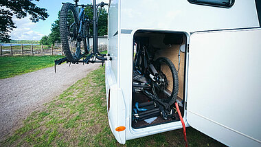 Garage in camper with stored e-bikes