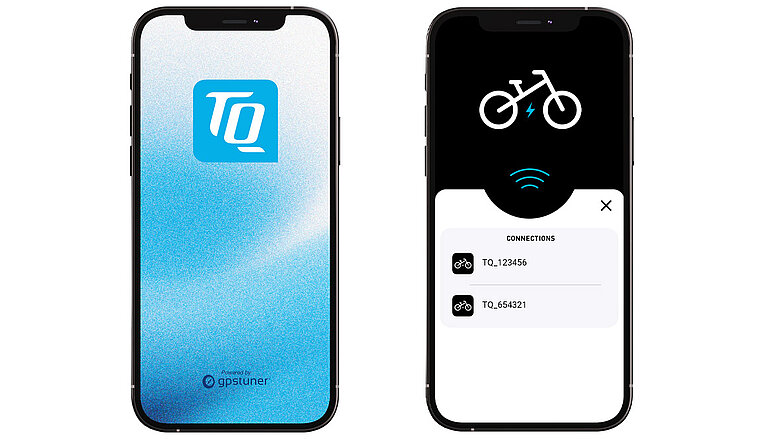 Two smartphones with two screens each. The left side shows the home screen and the right side the connectivity options of two bikes.