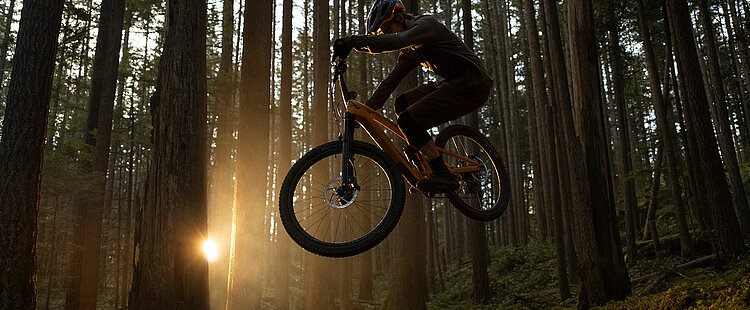 Biker jumps with Trek Fuel EXe e-bike through forest at dusk
