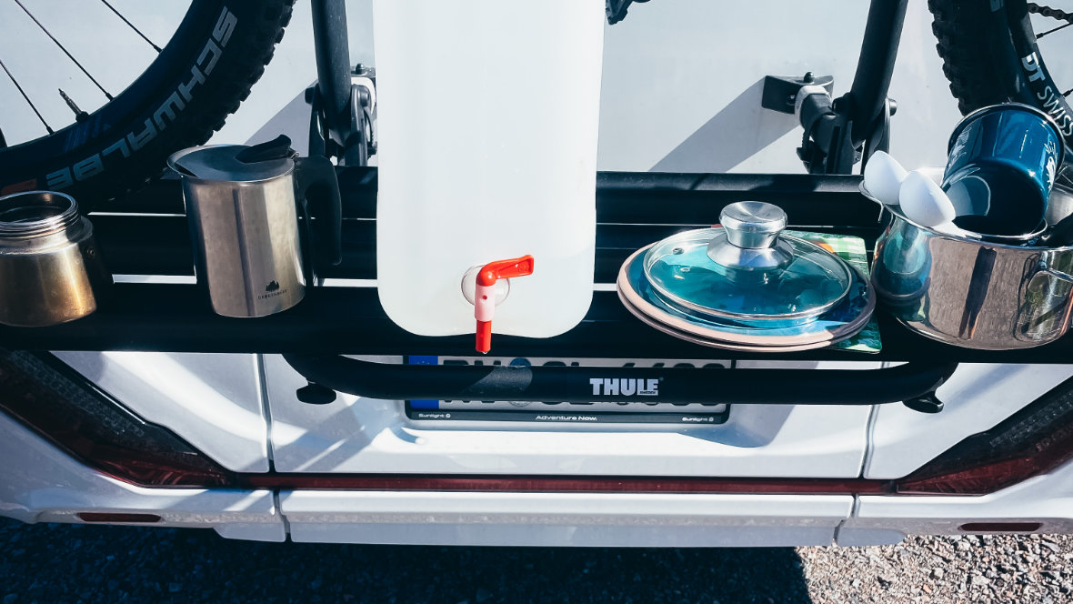 Camping equipment on bike rack