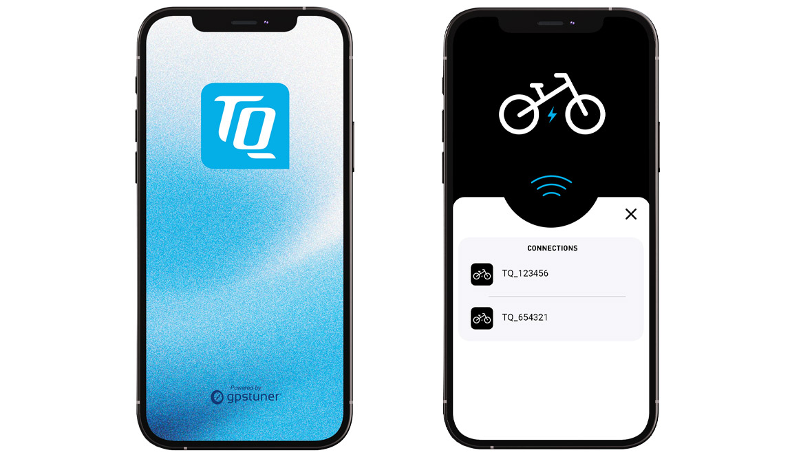Two smartphones with two screens each. The left side shows the home screen and the right side the connectivity options of two bikes.